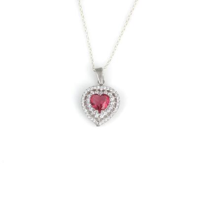 925 Ayar Gümüş Çift Sıra Anturaj Kalp Yakut Taşlı Kolye - 2