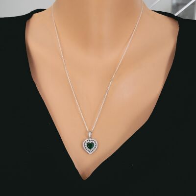 925 Ayar Gümüş Çift Sıra Anturaj Kalp Zümrüt Taşlı Kolye - 1