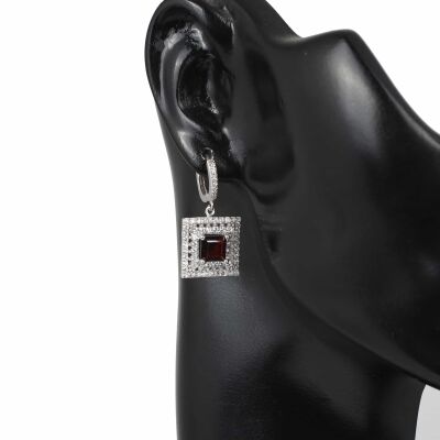 925 Ayar Gümüş Çift Sıra Anturaj Kare Garnet Taşlı Küpe - 2