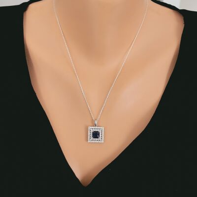 925 Ayar Gümüş Çift Sıra Anturaj Kare Safir Taşlı Kolye - 1