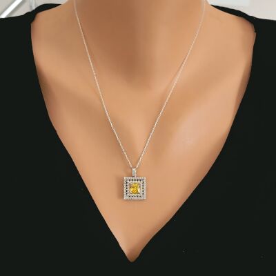 925 Ayar Gümüş Çift Sıra Anturaj Kare Sitrin Taşlı Kolye - 1