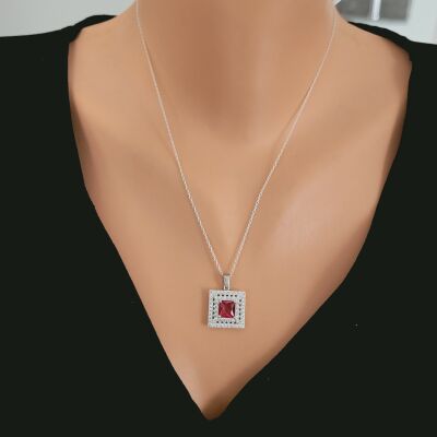 925 Ayar Gümüş Çift Sıra Anturaj Kare Yakut Taşlı Kolye - 1