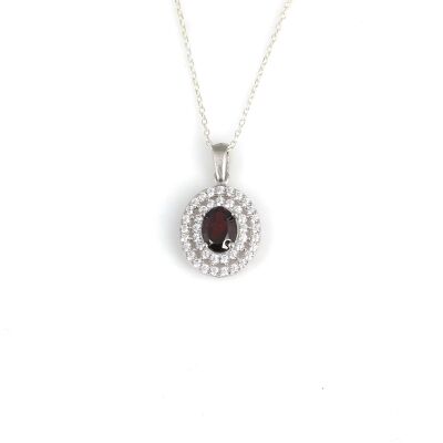 925 Ayar Gümüş Çift Sıra Anturaj Oval Garnet Taşlı Kolye - 2