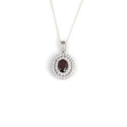 925 Ayar Gümüş Çift Sıra Anturaj Oval Garnet Taşlı Kolye - Nusrettaki (1)