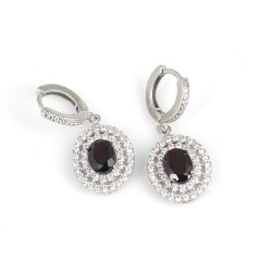925 Ayar Gümüş Çift Sıra Anturaj Oval Garnet Taşlı Küpe - Nusrettaki