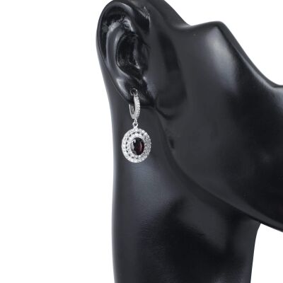 925 Ayar Gümüş Çift Sıra Anturaj Oval Garnet Taşlı Küpe - 2