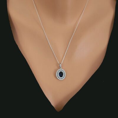 925 Ayar Gümüş Çift Sıra Anturaj Oval Safir Taşlı Kolye - 1
