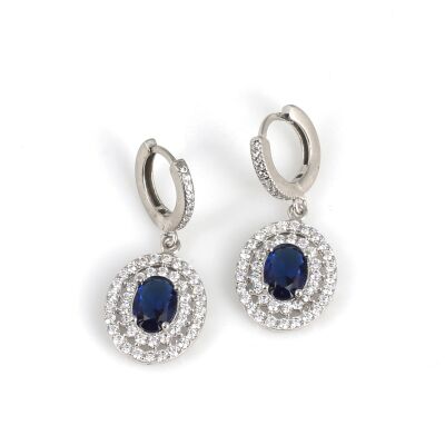 925 Ayar Gümüş Çift Sıra Anturaj Oval Safir Taşlı Küpe - 1