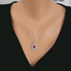 925 Ayar Gümüş Çift Sıra Anturaj Oval Yakut Taşlı Kolye - Nusrettaki