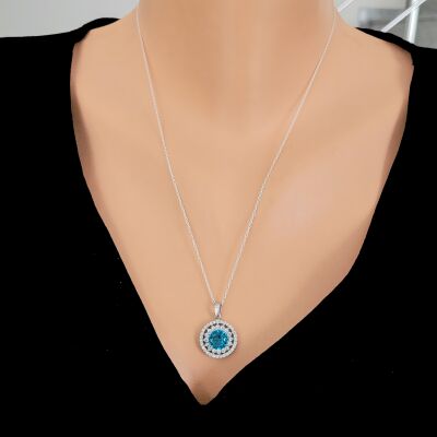 925 Ayar Gümüş Çift Sıra Anturaj Yuvarlak Akuamarin Taşlı Kolye - 1