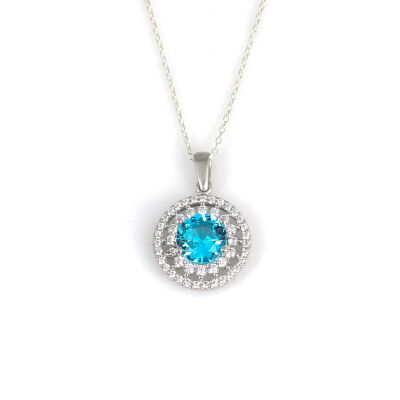 925 Ayar Gümüş Çift Sıra Anturaj Yuvarlak Akuamarin Taşlı Kolye - 2