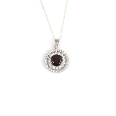925 Ayar Gümüş Çift Sıra Anturaj Yuvarlak Garnet Taşlı Kolye - 2