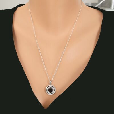 925 Ayar Gümüş Çift Sıra Anturaj Yuvarlak Garnet Taşlı Kolye - 1