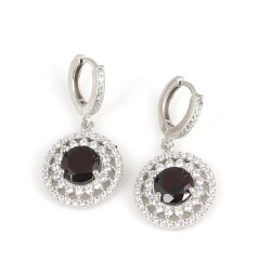 925 Ayar Gümüş Çift Sıra Anturaj Yuvarlak Garnet Taşlı Küpe - Nusrettaki