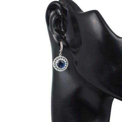 925 Ayar Gümüş Çift Sıra Anturaj Yuvarlak Safir Taşlı Küpe - 2