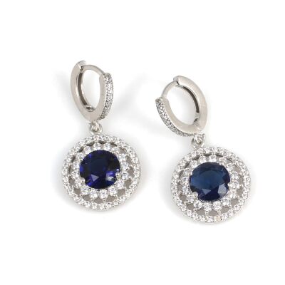 925 Ayar Gümüş Çift Sıra Anturaj Yuvarlak Safir Taşlı Küpe - 1