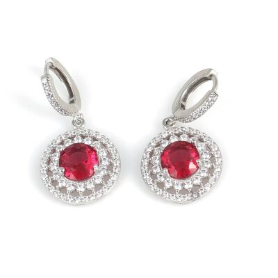 925 Ayar Gümüş Çift Sıra Anturaj Yuvarlak Yakut Taşlı Küpe - 1