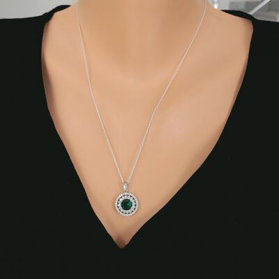 925 Ayar Gümüş Çift Sıra Anturaj Yuvarlak Yeşil Taşlı Kolye - 1