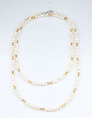 Silver Double Row Necklace with Pearl - 4