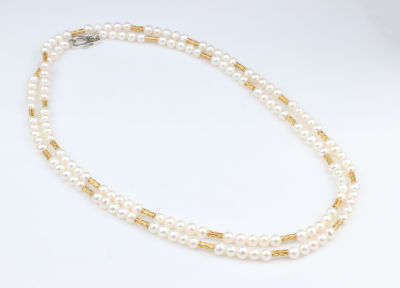 Silver Double Row Necklace with Pearl - 5