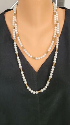 Silver Double Row Necklace with Pearl - 1