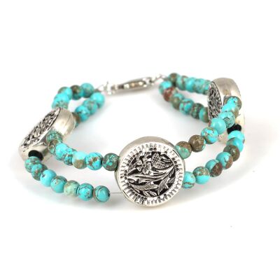 925 Ayar Gümüş Çift Sıra Turkuaz Taşlı Bileklik - 1