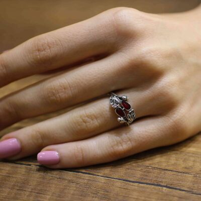 925 Ayar Gümüş Çift Yapraklı Kırmızı Mineli Yüzük - 3