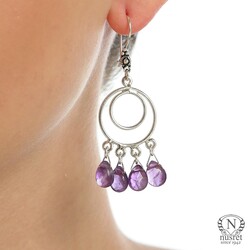 925 Silver Double Hoop Dangle Filigree Earrings with Amethyst - Nusrettaki