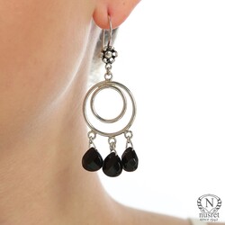 925 Silver Double Hoop Dangle Filigree Earrings with Black Onyx - Nusrettaki