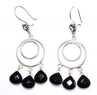 925 Silver Double Hoop Dangle Filigree Earrings with Black Onyx - 2