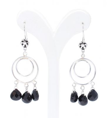 925 Silver Double Hoop Dangle Filigree Earrings with Black Onyx - 3
