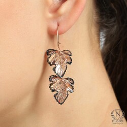 925 Rose Silver Two Vine Leaves Dangle Earrings - Nusrettaki