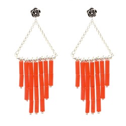 Sterling Silver Dangling Bars Earrings with Red Coral - Nusrettaki