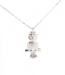 Sterling Silver Owl Designer Charm Necklace, White Gold Vermeil - Nusrettaki