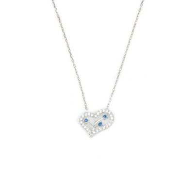 925 Ayar Gümüş Mavi Taş Detaylı Beyaz Taşlı Kalp Kolye - 4