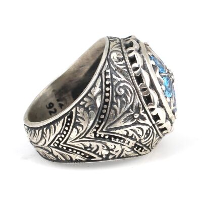 925 Ayar Gümüş Damla Akumarin Taşlı El Kalemli Erkek Yüzüğü - 3