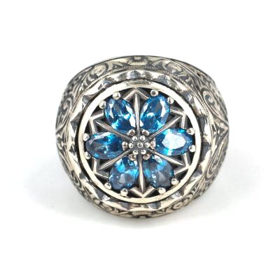 925 Ayar Gümüş Damla Akumarin Taşlı El Kalemli Erkek Yüzüğü - 4