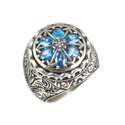 925 Ayar Gümüş Damla Akumarin Taşlı El Kalemli Erkek Yüzüğü - 1