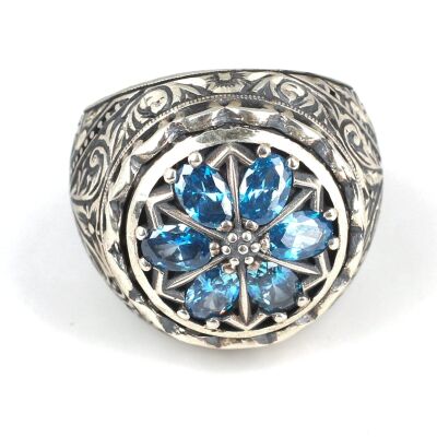 925 Ayar Gümüş Damla Akumarin Taşlı El Kalemli Erkek Yüzüğü - 5