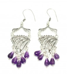 925 Sterling Silver Dangle Filigree Earrings, Triangle Design with Amethyst - 3