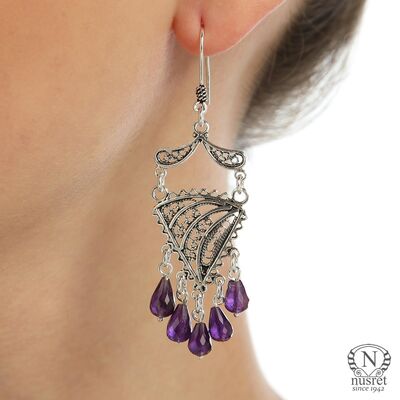 925 Sterling Silver Dangle Filigree Earrings, Triangle Design with Amethyst - 1