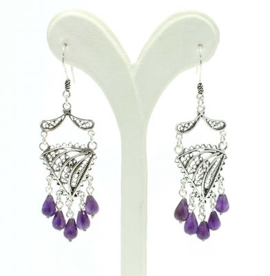 925 Sterling Silver Dangle Filigree Earrings, Triangle Design with Amethyst - 2