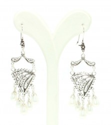 925 Sterling Silver Dangle Filigree Earrings, Triangle Design with Pearls - Nusrettaki (1)