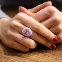 925 Ayar Gümüş Damla Pembe Kuvars Kenarı Baget Taşlı Yüzük - 5