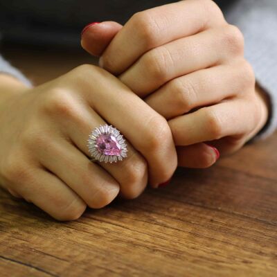 925 Ayar Gümüş Damla Pembe Kuvars Kenarı Baget Taşlı Yüzük - 6