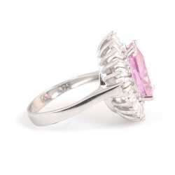 925 Ayar Gümüş Damla Pembe Kuvars Kenarı Baget Taşlı Yüzük - 3