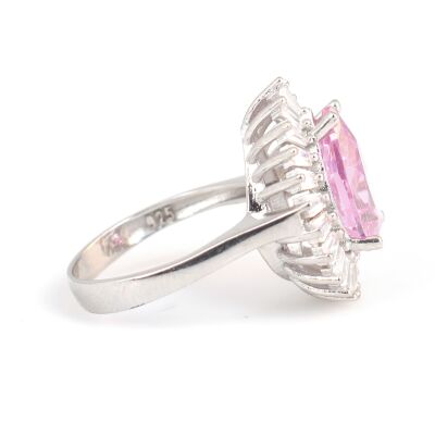 925 Ayar Gümüş Damla Pembe Kuvars Kenarı Baget Taşlı Yüzük - 3