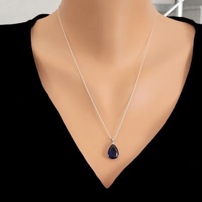 925 Ayar Gümüş Damla Safir Renk Kolye - 1
