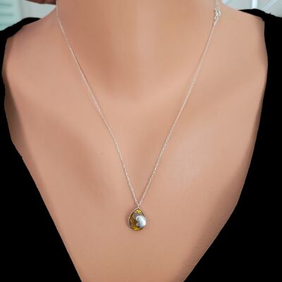 925 Ayar Gümüş Damla Sitrin Taşlı Kalp Kolye - 1