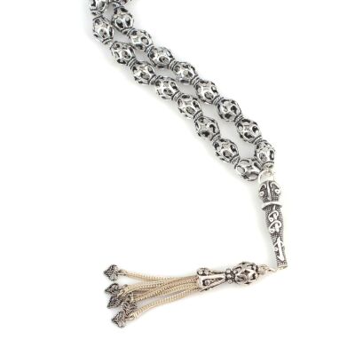 925 Ayar Gümüş Delikli Top Tesbih, Elif Vav Desenli İmame - 2